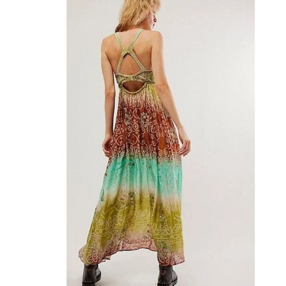 New Free People Into The Nights Maxi Dress $298 X-SMALL Forest Combo EMBROIDERED - Picture 2 of 2